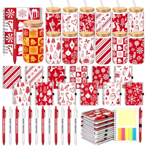 Skylety 12 Set Christmas Bulk 16 oz Red Glass Cups with Lids Straws Xmas Notebook Sticky Note Pens for Employee Appreciation Women Students School Office Holiday Party Favors - style: Red Christmas