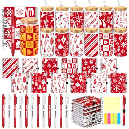 Skylety 12 Set Christmas Bulk 16 oz Red Glass Cups with Lids Straws Xmas Notebook Sticky Note Pens for Employee Appreciation Women Students School Office Holiday Party Favors - style: Red Christmas