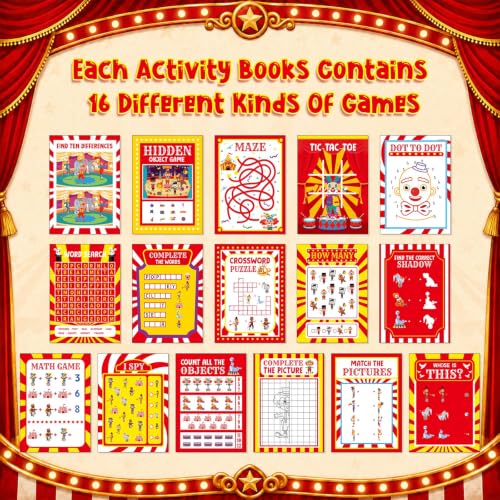 Kosiz 24 Pack Circus Activity Books for Kids Party Favors, 6.8 x 4.8 Inch Game Booklets with 8 Cover Styles, Double Sided Pages, Dot to Dot Crossword Games for Carnival Goodie Bags - style: Circus