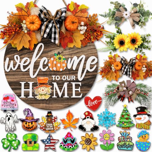 Interchangeable Welcome Sign for Front Door with 4 Seasonal Wreaths 21 Changeable Icons, Farmhouse Rustic Outdoor Welcome Signs Porch, Spring Winter Fall Decorations for Home House Warming Gifts