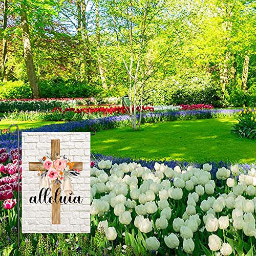 Easter Cross Garden Flag Alleluia He is Risen Religious Flags 12x18 Vertical Double Sided Spring Floral Cross Yard Flag Christian Holiday Yard Outdoor Decoration