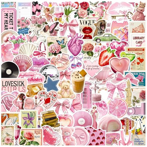 DothRayan 100pcs Vintage Pink Girls Stickers, Y2K Coquette Pink Aesthetic Waterproof Stickers for Water Bottles,Laptop Scrapbook Computer Phone Guitar Aesthetic Decals - color: Downtown Girls C