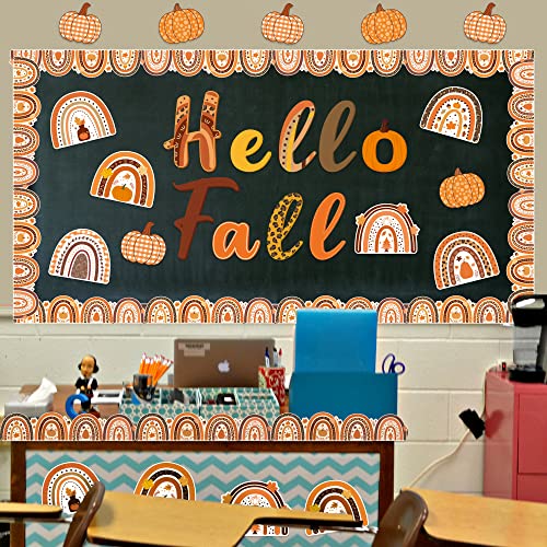 CY2SIDE 93pcs Hello Fall Boho Rainbow Cutouts for Bulletin Board Border Sets, Pumpkin Bohemian Rainbow Trim Classroom Borders for Autumn, Thanksgiving Fall Boho Rainbow Bulletin Board Decor for School - style: A-FALL