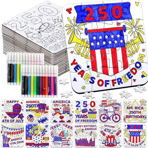 24 Sets 250th Anniversary 4th of July Crafts for Kids, Patriotic Crafts Activities DIY Puzzle Kits Red White Blue Star Flag Independence Day Memorial Day Jigsaw Painting Art gift Party Favors Supplies - color: 250th Anniversary Colorful