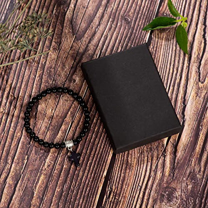 Softones 6mm Bead Cross Pendant Bracelet for Women Healing Stone Stretch Prayer Bracelet for Women,with Gift Box - color: Bright Black Matte