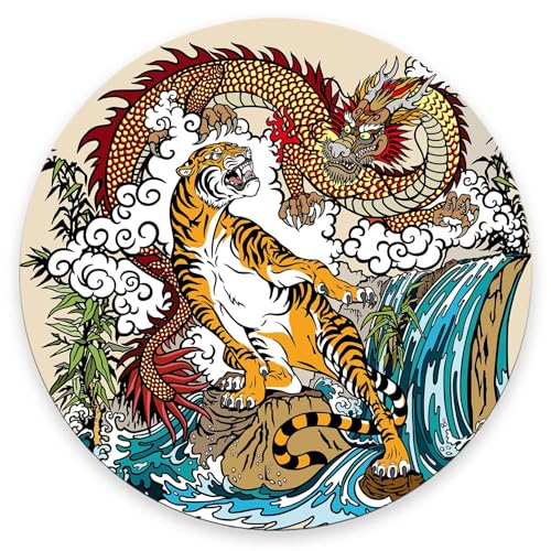 Mouse Pad, Chinese Dragon and Tiger Mouse Pads with Design, Round Washable Cloth Personalized Mouse Mat, Gaming Office Home Non-Slip Rubber Base Computer Mousepad 7.9×7.9×0.12 inches - color: Chinese Dragon and Tiger