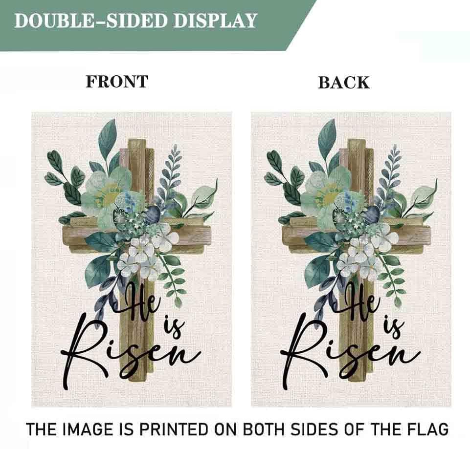 He Is Risen House Flag 28 x 40 Inch Happy Easter Cross Religious Decorative Double Sided Burlap Flag for Spring Easter Farmhouse Yard Holiday Decoration