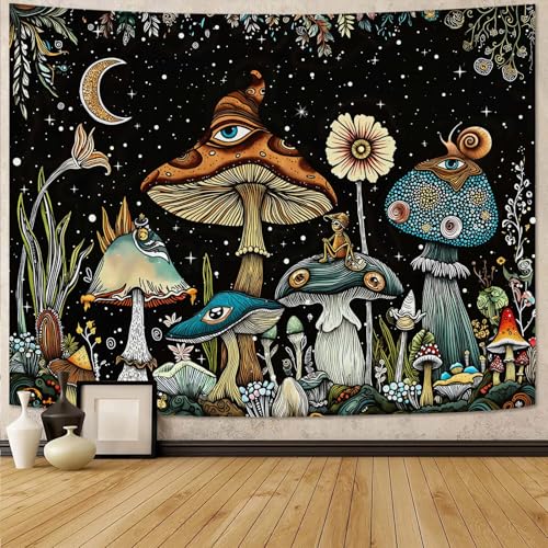 Fungarth Hippie Mushroom Tapestry Vintage Floral Plant Moon Tapestries Wall Hanging Hippy Starry Night Small Tapestry for Bedroom Living Room Study Classroom Dorm 48 x 36 inch - color: Yellow Moon, size: 48"L x 36"W