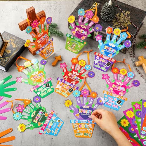 Frienda 48 Set Religious Bible Craft Kit for Kids Religious Flower Handprint Art Craft God Says You are Bible Prayer Sticker Ornament VBS Church Activity Gift for Sunday School Teacher Day - style: Handprint Religious Flower