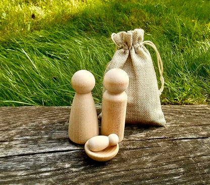 My First Nativity, Four Piece Natural Nativity Wood Dolls, Includes Four Blank Wood Pieces, Mary, Joseph, Baby Jesus and Manger, Christmas Craft, Blank Pegs