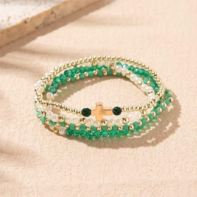 Colorful Cross Charm Bracelets for Women Men Adjustable Gold Plated Beaded Bracelet Boho Bead Ball Stretch Bracelet Birthday Summer Beach Jewelry - color: Green B