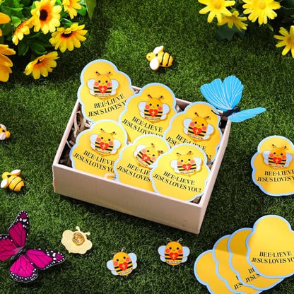 Quelay 30 Sets Bee-lieve Jesus Loves You Pins on Card Bulk Christian Bee Pins with Card Religious Bible Gifts for Sunday School Church Gifts Classroom Home Party Supplies - style: Bee-lieve