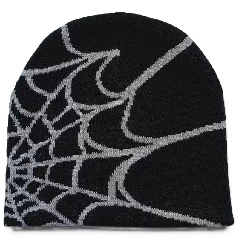 Unisex Stretch Warm Winter Skull Cap, Cold Weather Knit Beanie - color: Grey Spider Web Pattern