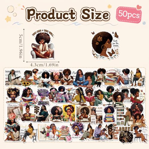 Black Girl Bookish Stickers - 50 Pcs Aesthetic Gift for Adult Women - color: Brown Bookish