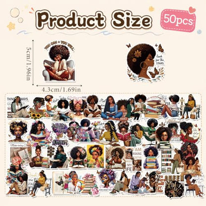 Black Girl Bookish Stickers - 50 Pcs Aesthetic Gift for Adult Women - color: Brown Bookish
