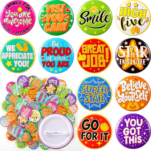 Yinkin 120 Pcs Employee Recognition Pin 1.7'' Appreciation Button Pin Bulk Large Positive Badge Team Motivational Inspirational Reward Badge for Office School Teacher Worker Encouraging Gift,12 Style