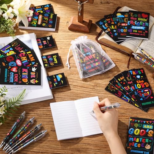 Moinchore 200 Pcs Christian Gift for Women Christian Accessories Include 50 Bible Verses Notebook 50 Church Bookmark 50 Ballpoint Pen Organza Bag Gift for Christmas Church Motivational (Bright) - style: Bright