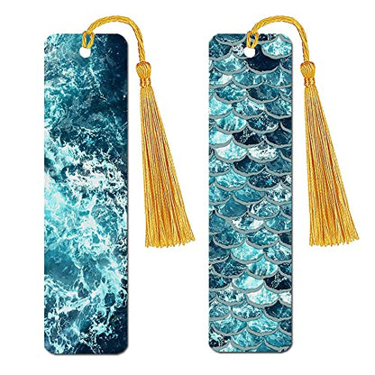 WIRESTER Set of 2 Metal Bookmarks with Light Gold Tassel for Students, Reader, Teachers, Book Lovers - Blue Ocean Wave, Mermaid Scales Blue Wave - color: Blue Ocean Wave, Mermaid Scales Blue Wave