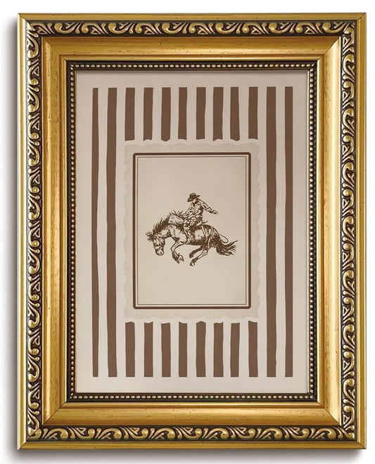 Vintage Western Cowboy Wall Art Striped Horse Wall Decor Gold Framed - color: bucking horse, size: 10"L x 8"W