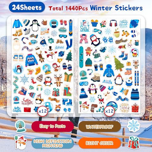 LINAYE 24 Sheets Winter Stickers for Kids, 1440 PCS Adhesive Cute Winter Snowman Stickers Bulk Pack for Kids Party Favors Gifts for Boys Girls - style: Winter 24 Sheets