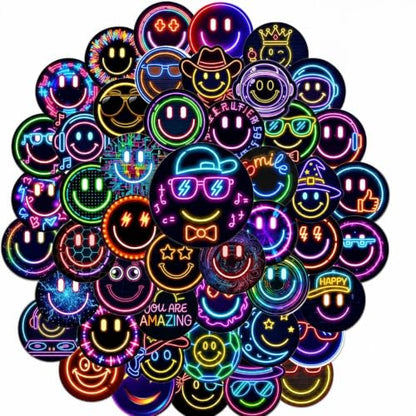 Neon Smiley Face Stickers for Kids, 50 Pcs, 2.12 Inch Waterproof - color: Neon Smiley