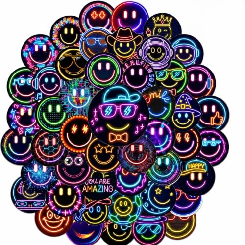 Neon Smiley Face Stickers for Kids, 50 Pcs, 2.12 Inch Waterproof - color: Neon Smiley