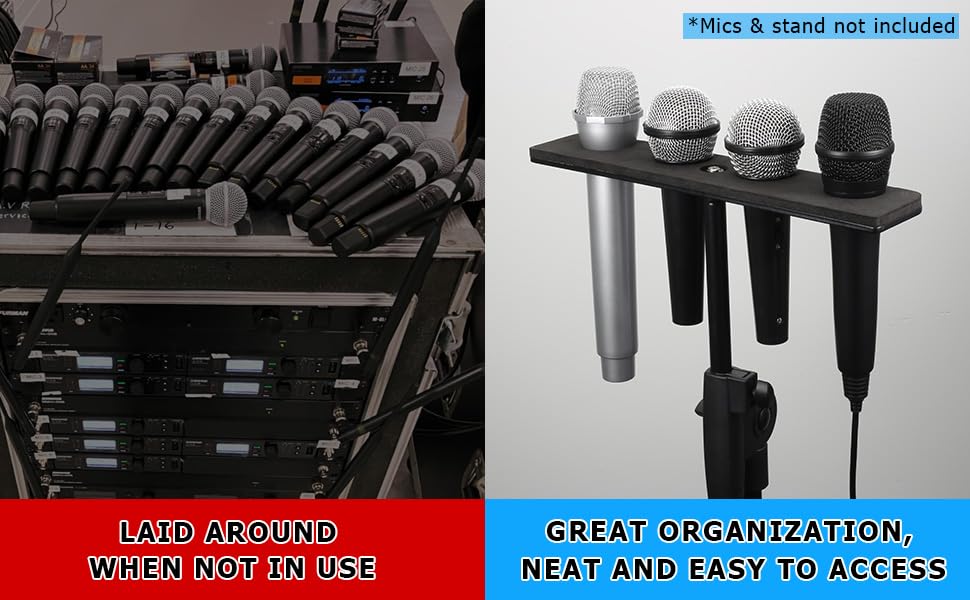 Multi Mic Holder for Mic Stand, Multiple Microphone Organizer and Display for Wired and Wireless Mics, Hold Up to 4 Microphones, Aluminum, Black