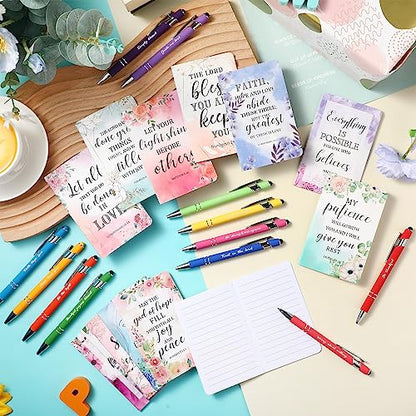PerKoop 48 Pcs Christian Gifts Notebooks and Pens Bulk - Bible Pocket Notebooks Scripture Ballpoint Pens, Flower Inspirational Journal Faith Based Gifts for Church Coworkers Women Nurses Staff