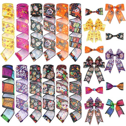 12 Rolls 60 Yard Day of the Dead Wired Ribbon for Wreath Craft Bow - style: Day of the Dead