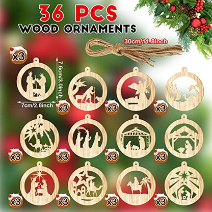 Spiareal 36 Pcs Christmas Nativity Ornaments Wooden Religious, Round - style: Round