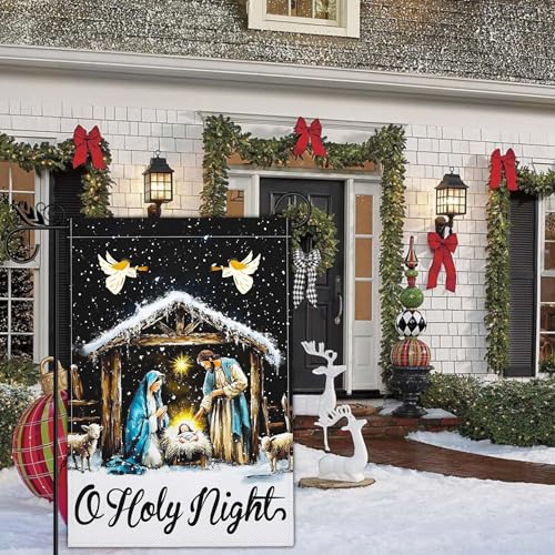 Christmas Oh Holy Night Jesus Nativity Scene Garden Flag Christian Jesus Yard Signs Garden Flags for Outside 12x18 Double Sided Christmas Vacation Outdoor Decorations