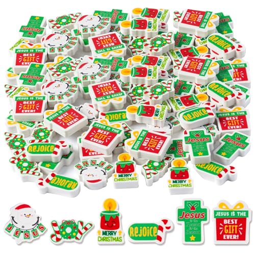 ANGOLIO 60Pcs Christian Mini Cartoon Bulk Erasers Merry Christmas Party Pencil Top Erasers Jesues Religious Cross Pattern for Classroom Activities Rewards Game Prizes Bible Christmas Party Supplies - style: Christian