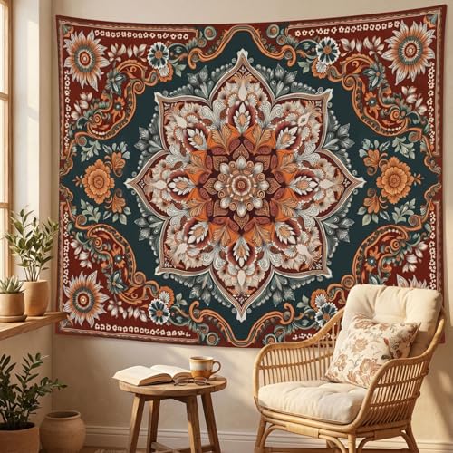 Motanber Vintage Mandala Tapestry Wall Hanging Boho Floral Tapestry Aesthetic Bohemian Flower Hippie Retro Indian Cute Large Tapestries for Bedroom Living Room Dorm Wall Decor 80 x 60 Inch - color: Dark Red Green, size: 80"L x 60"W