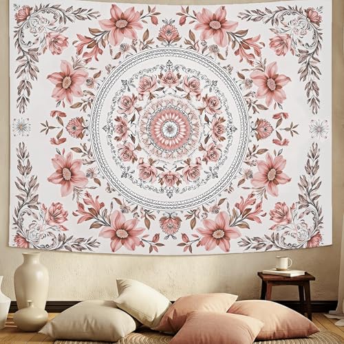 Motanber Pink Floral Tapestry Wall Hanging Boho Mandala Medallion Tapestry Aesthetic Watercolor Flower Cute Small Tapestries for Bedroom Living Room Dorm Decor 60 x 44 Inch - color: Light Pink, size: 60"L x 44"W