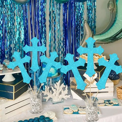 12Pcs Cross Centerpiece Sticks Blue Glitter God Baptism Table Toppers Christian Theme Baby Shower Decorations for Easter God Bless First Communion Christening Birthday Party Supplies