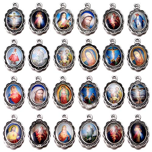 60pcs Mix Picture Enamel Our Lady Miraculous Medal Floral Rosary Centerpiece Cross Jesus Virgin Mary Catholic Alloy Crucifix Charms for Jewelry Making 19mmx12mm (A508)