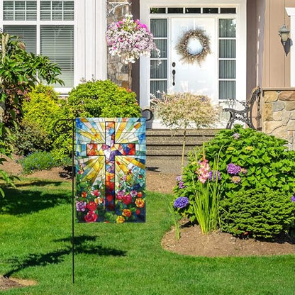 Cross Garden Flag 12x18 Inches, Stained Glass Style Double-Sided Flag