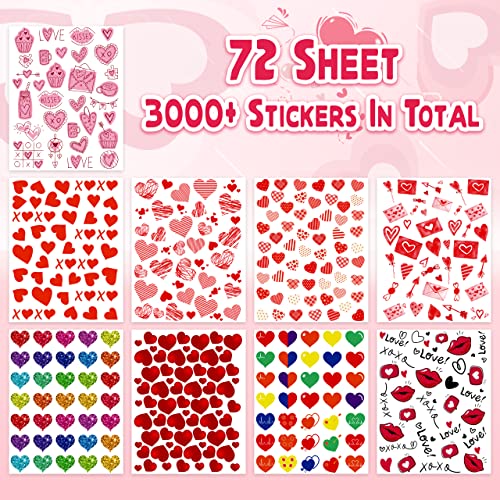 LINAYE Valentine Heart Stickers for Kids - 3000PCS Cute Love Stickers 72 Sheets for Cards, Envelopes, Craft, Scrapbooking - Party Supplies Favors for Girls Boys - style: Valentines 72 Sheets