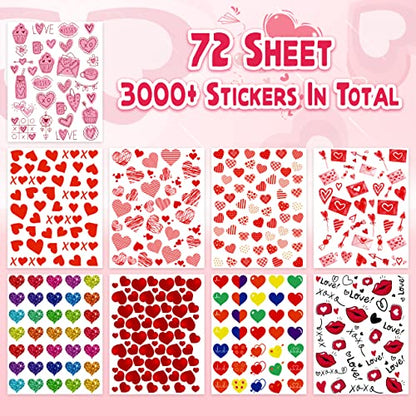 LINAYE Valentine Heart Stickers for Kids - 3000PCS Cute Love Stickers 72 Sheets for Cards, Envelopes, Craft, Scrapbooking - Party Supplies Favors for Girls Boys - style: Valentines 72 Sheets
