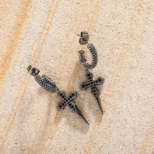 TOPGRILLZ Cross Hoop Dangle Earrings 925 Sterling Silver 5A+ Cubic Zirconia 14K Gold Hypoallergenic Cross Hoop Cuff Huggie Drop Earrings For Men Women - color: Black Cross Stud