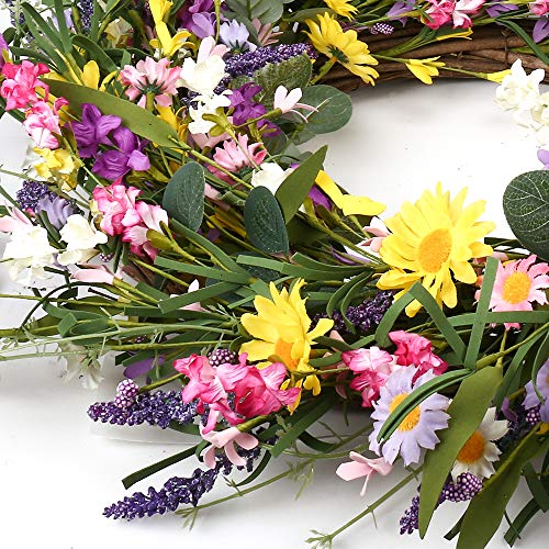 J'FLORU Spring Wreath 24 Inch Summer Wreaths for Front Door Artificial Flower Wreath with Daisy and Lavender for Indoor Outdoor and Easter Celebration