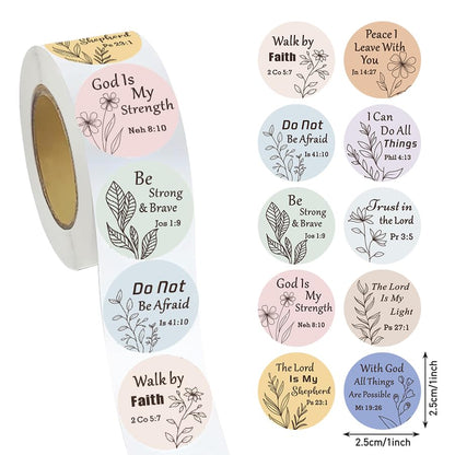500 Pcs Bible Verse Stickers Roll 1 Inch Round Inspirational Christian Scripture Labels Floral Minimalist Faith Stickers for Journals, Planners, Scrapbooking, Gift Wrapping and Envelope Seals