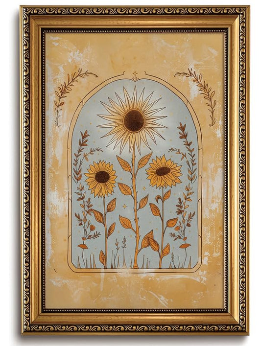 Vintage Yellow Sunflower Wall Art Gold Framed Boho Botanical Wall Decor - color: Boho sunflower, size: 24"L x 16"W