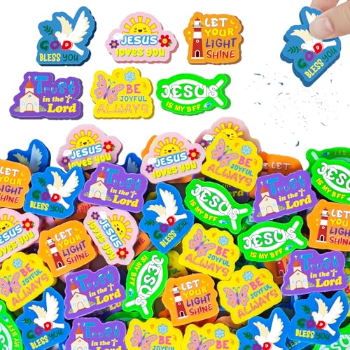 Cinrobiye 60 PCS Bible Verse Erasers Bulk, Inspirational Scripture Rubber Erasers for Sunday School, Church Events, VBS Supplies, Faith-Based Encouragement and Religious Activity Rewards