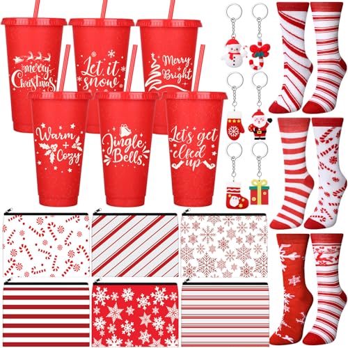 Funnymoom 24 Pcs Christmas Candy Cane Gifts Set Include 24 oz Merry Christmas Plastic Tumbler Cup with Lids and Straw Makeup Cosmetic Red Bag Crew Sock Keychain for Xmas Winter Friendmas Gifts - style: Candy