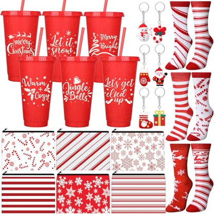 Funnymoom 24 Pcs Christmas Candy Cane Gifts Set Include 24 oz Merry Christmas Plastic Tumbler Cup with Lids and Straw Makeup Cosmetic Red Bag Crew Sock Keychain for Xmas Winter Friendmas Gifts - style: Candy