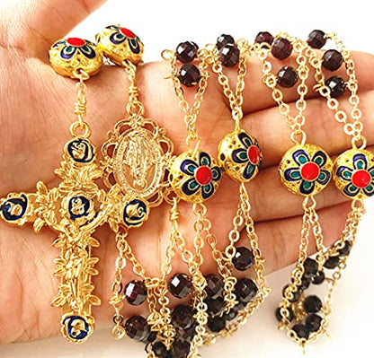 elegantmedical handmade Gold Ladder to Heaven Garnet Beads Catholic Rosary crucifix Necklace box - color: gold