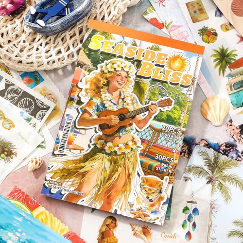 PRSTINCOL Summer Beach Stickers Book,50 Sheets Vintage Ocean Sticker Book for Journaling Scrapbooking,8.3x5.5 Inch Aesthetic Surf Stickers for Adults Crafts - color: Summerbeach