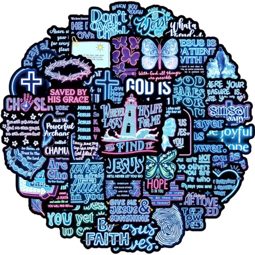 50 Pcs Neon Christ Bible Water Bottle Stickers for Religious Christianity DIY Decor Fun Aesthetic Waterproof Vinyl Decals for Laptop Bumper Luggage Skateboard Guitar (Colours-B6) - color: Colours-b6