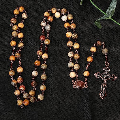 Nazareth Store Natural Stone Beads 8mm Rosary Necklace Antique Copper Design Holy Soil Medal & Cross in Velvet Bag - Catholic Rosaries Terra Santa Jerusalem Collection - color: Yellow Jasper